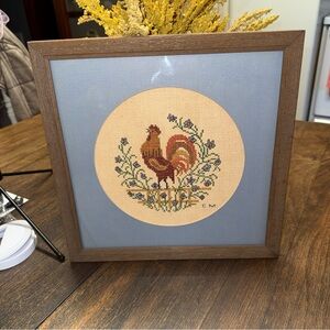 vintage framed needlepoint or cross-stitch artwork rooster /  floral motifs